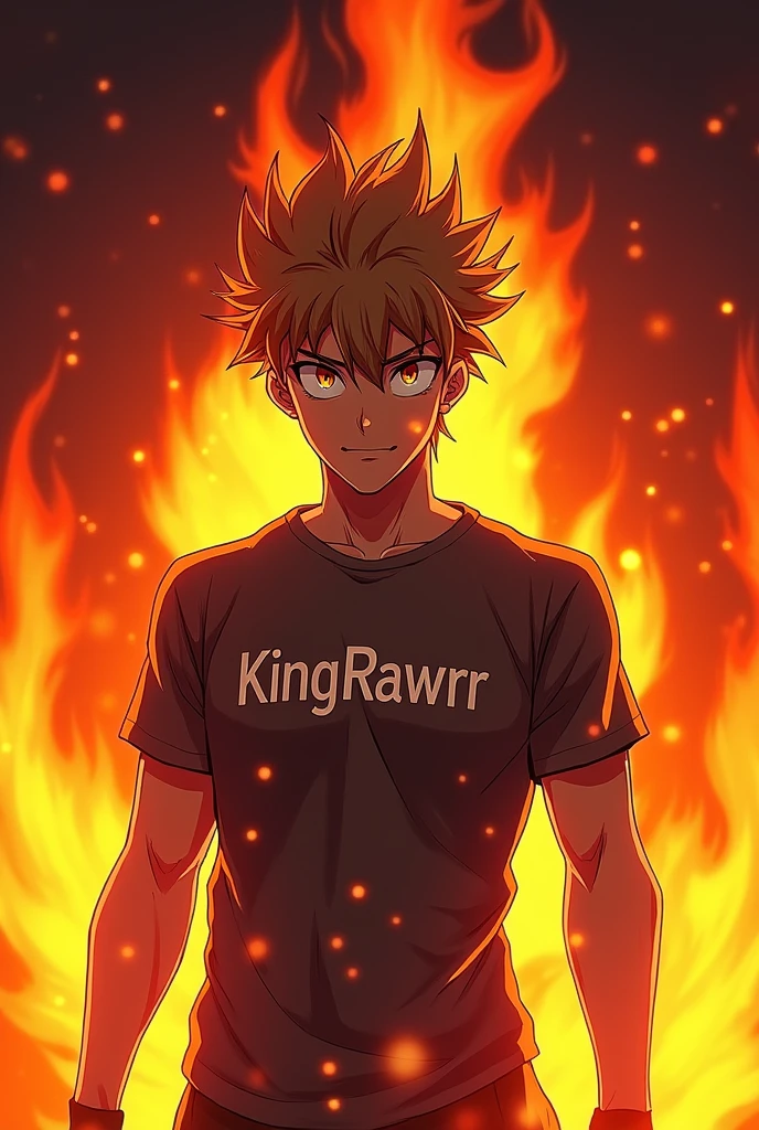 The man model is wearing shirt with name KingRawrr on the shirt, change the face to anime, add flame background.