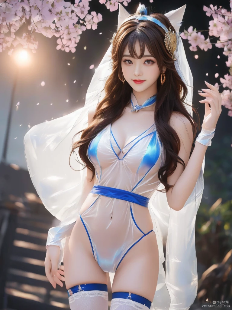 A female model, (Race:Chinese),((night, bamboo forest, moonlight, Thick fog)), (8K Ultra HD, 8K, Ultra-high resolution, best quality, masterpiece, Surrealism, Digital SLR Camera, Soft Light, Bokeh, Masterpieces), ((((Beautiful model-like face))), (Creating the image of a real girl), warm light, Realistic shadows, Dynamic poses, Elegant Posture, Cowboy lens, Full body front view, Be confident, Body facing the camera, Standing facing the camera, Open your legs slightly, Golden Ratio Graphics, Minimalism), (Happy smile, Big watery eyes, Cherry Blossom, Balanced Eyes, Perfect beautiful face, Normal facial features, Realistic skin, Attention to skin details, Skin is clean and radiant, Whitening, 沙漏型figure, figure, cosmetic, Gloves, earrings, bracelet, necklace, Jewelry, veil, Hair accessories, Headdress, shawl), ((beautiful hair), Reddish-brown hair, Wavy curly hairstyle, Waist-length hair, Messy Hairstyle, Gradient hairstyles, Cyberpunk hairstyle), ((Transparent clothes:1.5), (The color of the clothes: Blue edge), Transparent Clothes, See-through clothes, Transparent Clothes, Tulle clothes, Mesh clothes, Transparent sci-fi clothes, Shiny micro bikini bra, (Clothes that accentuate your bust shape)), (Sexy的, Perfect breast shape, Teardrop chest shape, Snow-white breasts, very detailed breasts, 36C cups), (Super high waist, Deep V, Low-cut, Sexy, Flattering, Open crotch, (Camel toe, High fork strangulation)), (sock, Knee socks, 吊garter, Leg ring, garter, 腿部garter), (style:Sexy,cute), (Wet body:1.0) , (Wet clothes:1.0)