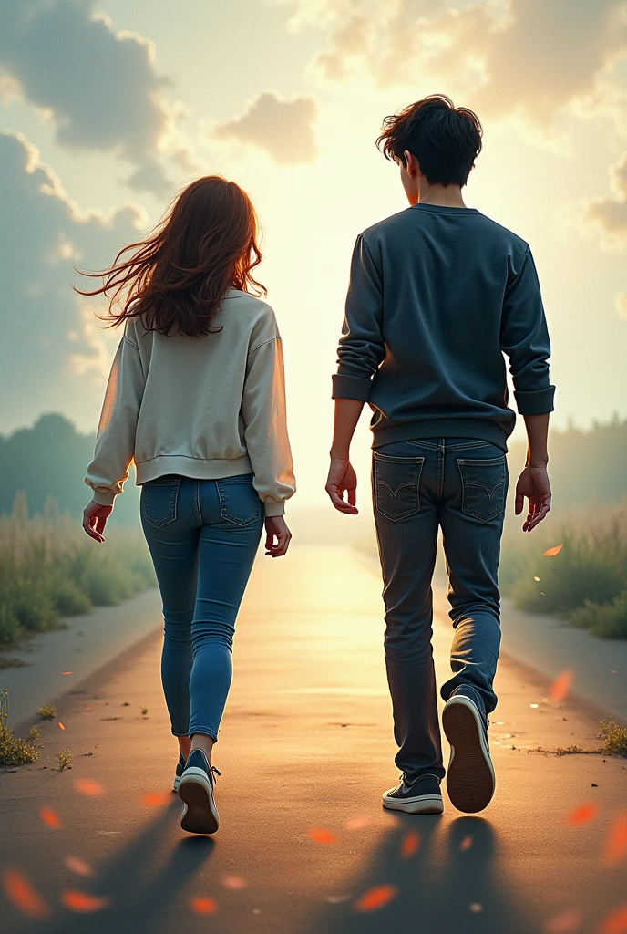 Make a book cover of a medium-sized boy, high, with black hair, 19 years old and a girl of average body, short, with light brown hair, , both moving away in opposite directions