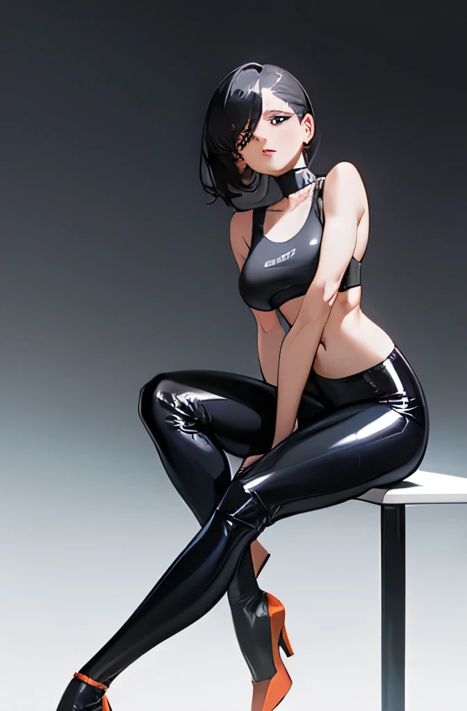 One pair of black latex leggings，Pants with high heels，White fabric sports bra，Woman sitting on the table with legs crossed，Show off your figure