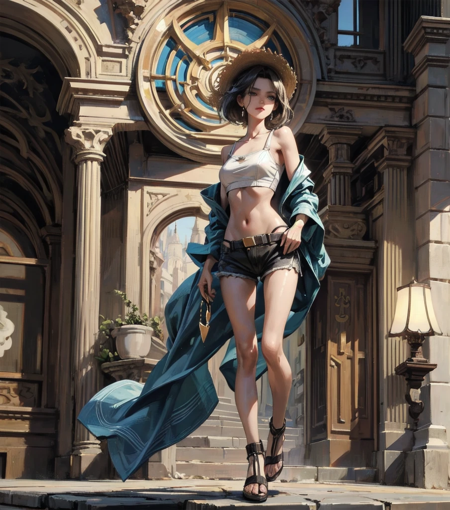 absurdres, RAW photo, extremely delicate and beautiful, masterpiece, Best Quality, ultra high resolution, 32k, hyper realistic, ultra-detailed, Very detailed CG 8k wallpaper, detailed background, landscape, Beautiful Lighting, Perfect Lightning, Realistic Shadows, perfect anatomy, anatomically correct, ideal ratio body proportions, perfect figure, Perfect Style, Perfect balance, super Detailed skin, in her 30s, very Slim body, narrow waist, very small head, very small face, delicate facial features, handsome detailed woman, very detailed eyes and face, realistic face proportions, Realistic beautiful face, Realistic beautiful eyes, tearful mole, earring, whole body shot, very huge round tits, medium short hair, asymmetrical hair, wavy hair, indoor, blouse, bare collarbone, midriff, shorts, straw hat,