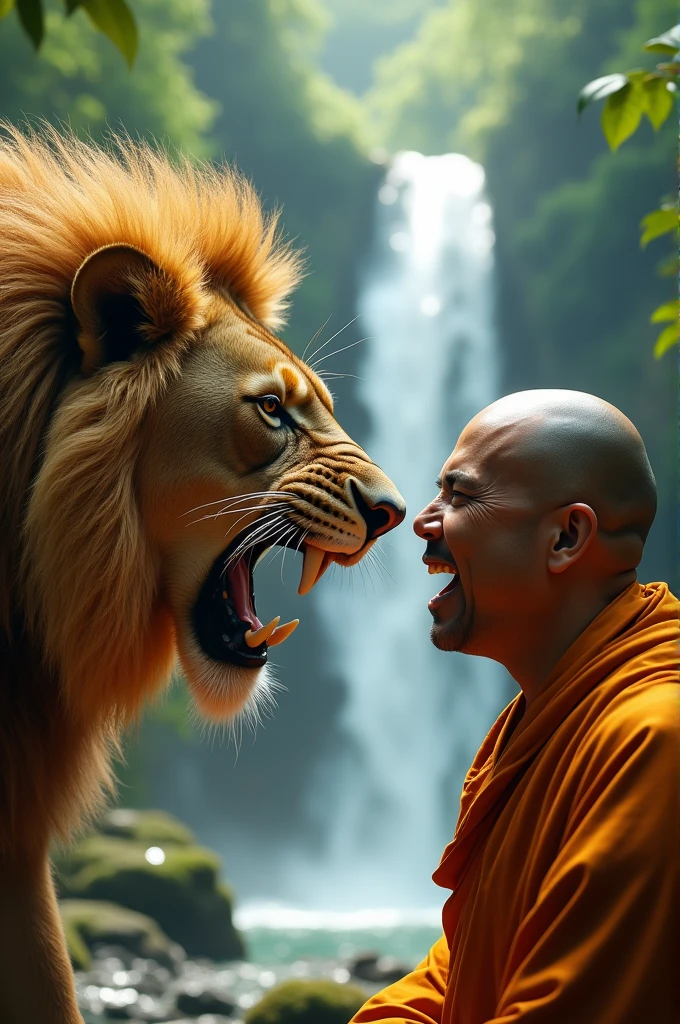 8k realistic Closeup picture of roring lion and calm buddhist monk face to face location is beautiful background of waterfall forest