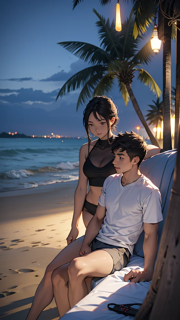 A young couple is sitting on the beach and romancing. The woman is wearing short sexy clothes her big hips. Coconut trees are nearby. It is evening.