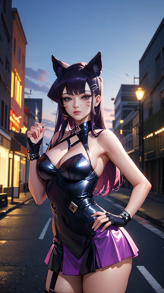 komi shouko, (komi shouko wearing a k/da all out ahri cosplay), ahri \(league of legends\), league of legends, 1girl, k/da (league of legends), animal ears, solo, fox ears, long hair, purple hair, hand on hip, purple eyes, idol, facial mark, looking at viewer, gloves, pink hair, fingerless gloves, whisker markings, breasts, makeup, lips, skirt, hair ornament, perfect lighting, near a well-detailed black car, on a track in a large city at night, HDR, ultra resolution , very detailed, masterpiece, ultra quality, 4K HD