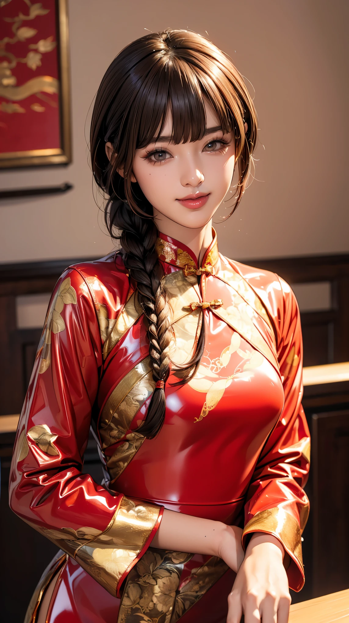 Realistic, masterpiece, Highest quality, Highest Resolution, Anatomically correct, Accurate Anatomy, 7 heads, Height: 165cm, One Japanese woman, A smiling face with some teeth showing, Staring at the audience, Fine and beautiful eyes, Sparkling eyes, Thin eyebrows, Gives lashes a delicate finish, False eyelashes, (Chinese traditional makeup:1.2), (Braided hair, Blunt bangs, Brown Hair:1.2), Detailed face, Sharp Eyes, (A latex cheongsam with a classic red base and gold patterns, Clothes that fit snugly to the body:1.3), Upper body photo, Background like ink painting