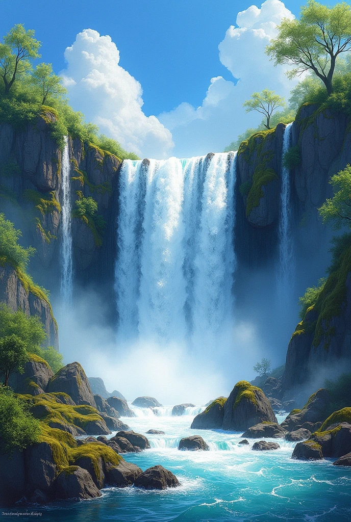 A stunning masterpiece of waterfall, highly detailed, ultra-sharp, clear blue sky