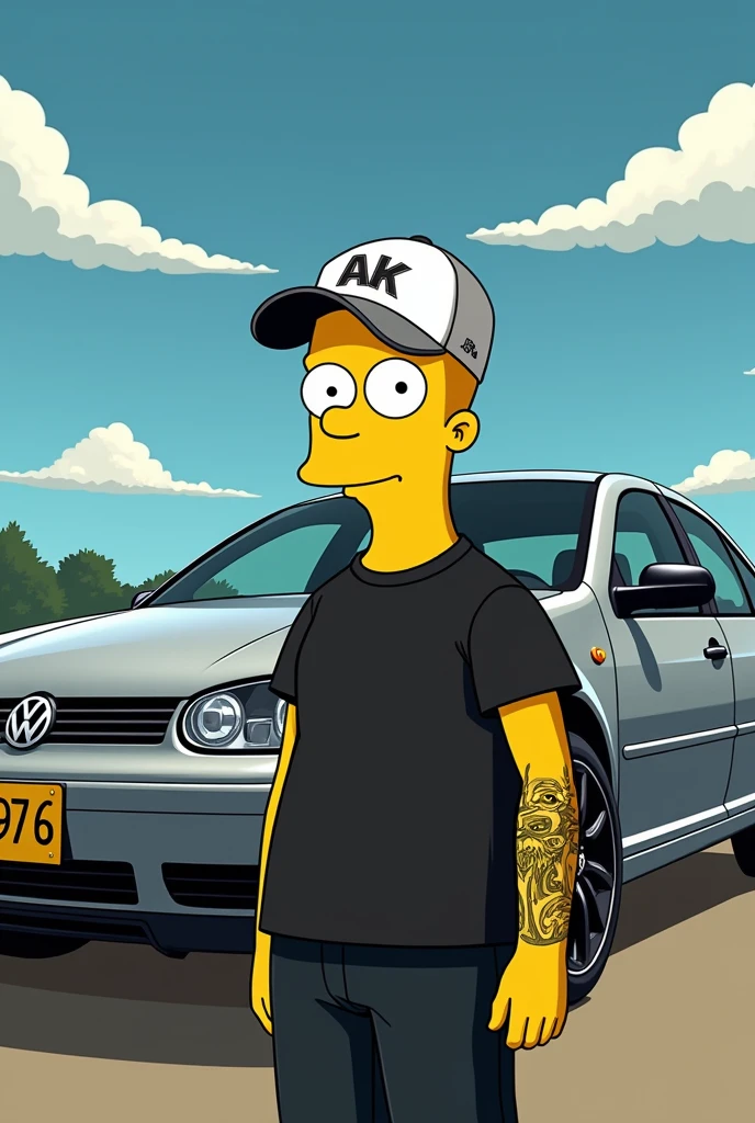 Simpsons poster young beardless man dressed in black with a white Volkswagen cap with only his left arm tattooed and in the background a silver-gray Volkswagen Jetta Jetta mk4 bora a4 2001 model with black rims, black emblem and black mirrors and with a yellow Colombian license plate CVV976 Simpsons background Wide background