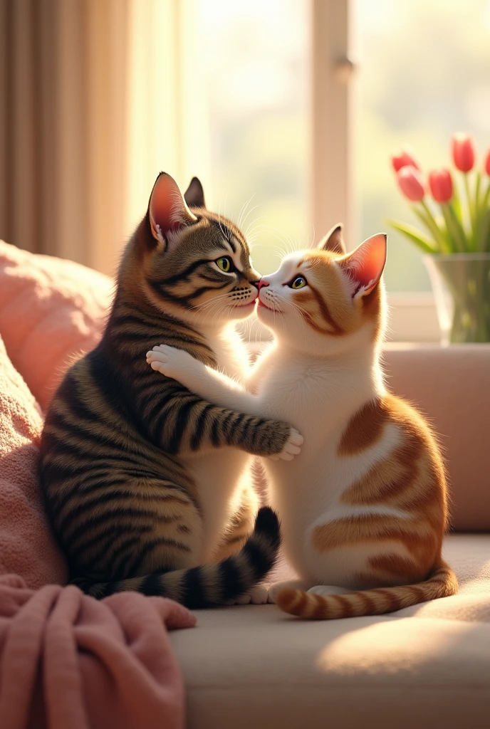 Male cat and female cat happy together