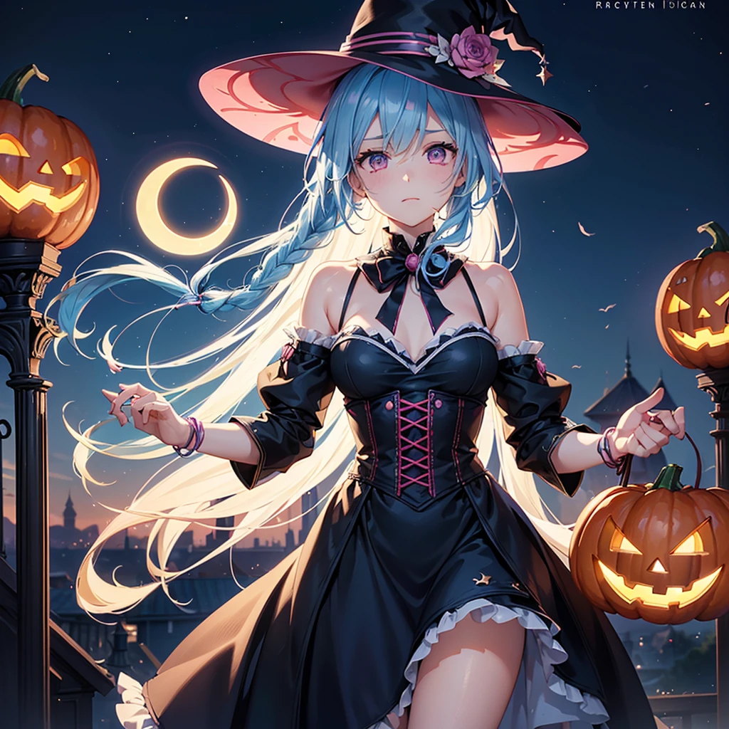 (Sky Blue Hair),(Braided medium hair), (Pink Eyes),Fair skin) ,(whole body),(One Girl),(Crescent Moon),(There are many pumpkin ghosts in the background),(If you don't give me sweets, I'll be mischievous.),Halloween Night Party),(masterpiece, Highest quality, Very detailed, Best Shadow), (Detailed Background), (Beautifully detailed face), High Contrast, (Best lighting, Very delicate and beautiful), ((Cinematic Light)), Hyper Detail,8k, Dramatic Light, Intricate details,Witch&#39;s Clothes,Magic broom,night,Bats flying in the background,