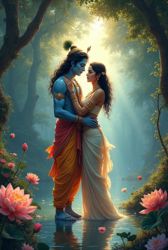Lord Krsihna as Vishnu and Radha in Voikuntha forest playing Lila