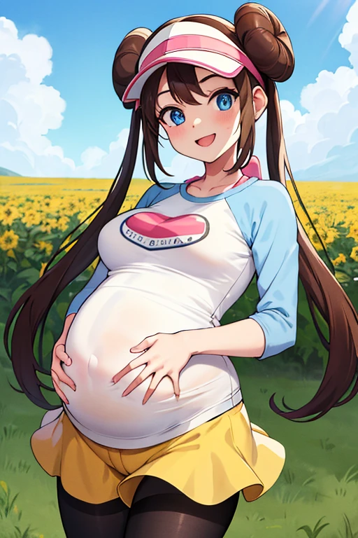masterpiece, best quality, highres, ro1, 1 pregnant girl, hair bun, blue eyes, twintails, visor cap, pantyhose, raglan sleeves, yellow shorts, shirt, pink bow, wristwatch, standing, third trimester of pregnancy, cowboy shot, field, \(basic\), smile