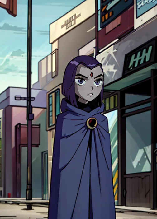 white raven, 1girl, solo, short hair, purple hair, hood, cape, colored skin, cloak, grey skin, forehead jewel, beach 
