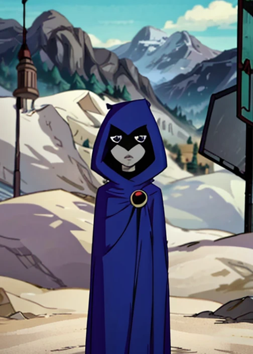 white raven, 1girl, solo, short hair, purple hair, hood, cape, colored skin, cloak, grey skin, forehead jewel, beach 
