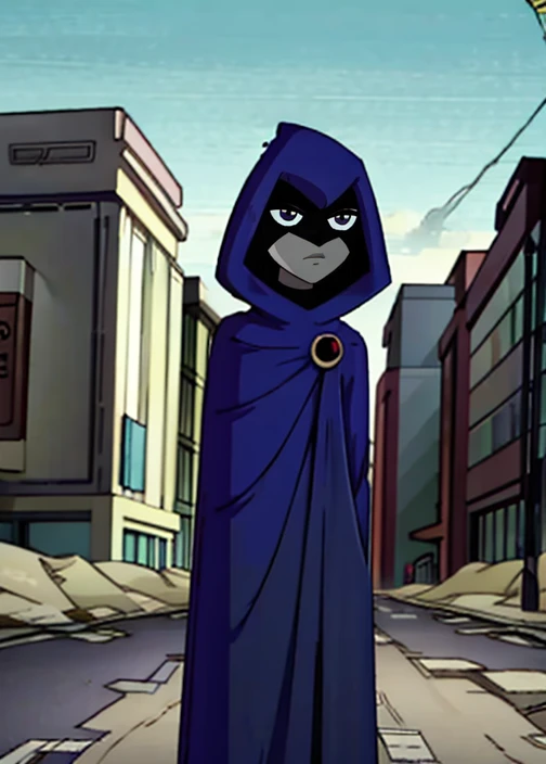 white raven, 1girl, solo, short hair, purple hair, hood, cape, colored skin, cloak, grey skin, forehead jewel, beach