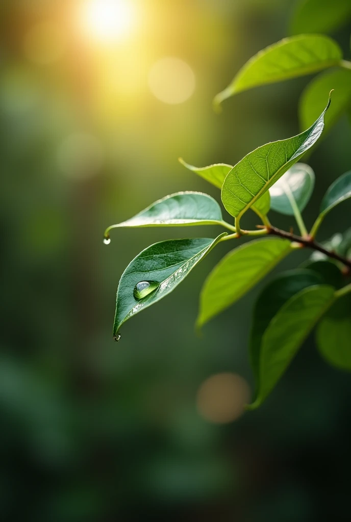 small tree leaves at the branch in a heavy jungle in a morning sunshine, water drop