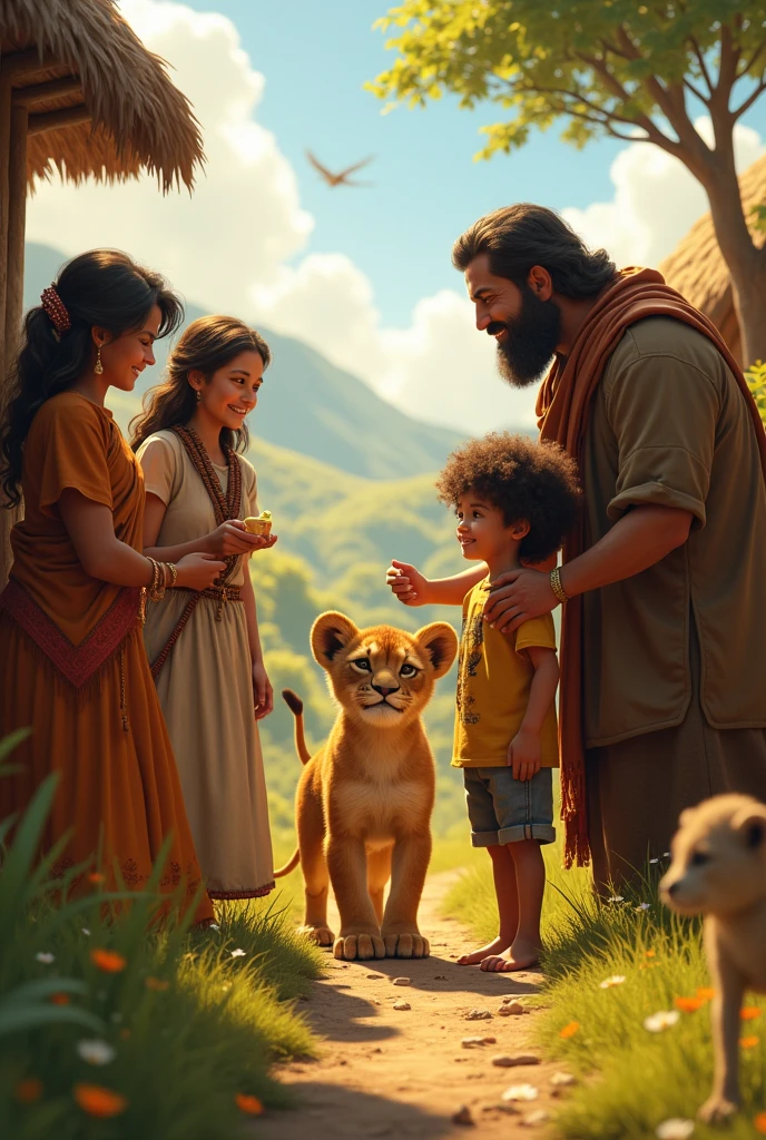 The villagers welcome the lion cub, offering it food and water while Alex's parents embrace him, proud of his bravery and compassion