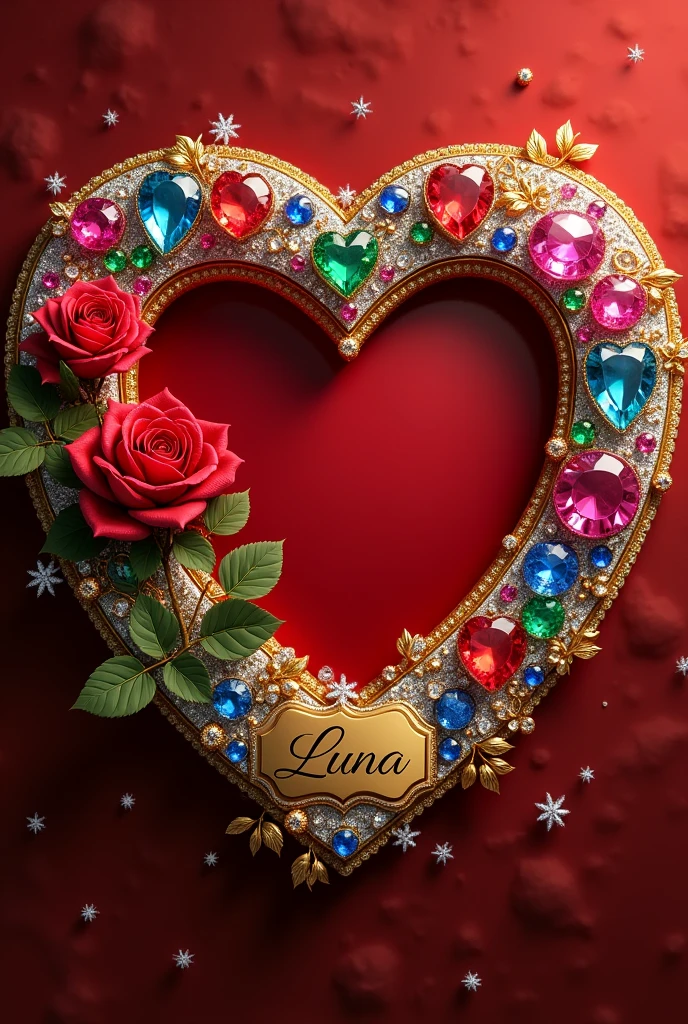 A luxurious and opulent photo frame, showcasing a 3D red heart adorned with a red rose in full bloom. The rose features diamond-trimmed petals and a stem with gold accents, with another branch stem displaying a rose bud. The heart design is further enhanced with small gold leaves. The name "Luna" is elegantly engraved in bold cursive script in a heart-shaped gold plaque. The background features a stunning display of colorful gemstones including rubies, emeralds, sapphires and diamonds, creating a truly exquisite and dazzling piece. The entire frame features a golden hue, adding to its opulence and charm.