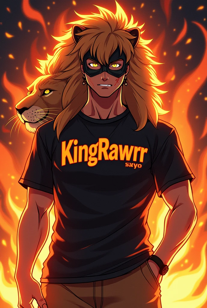 The man model is wearing shirt with name KingRawrr on the shirt, change the face to anime, add flame background. Put mask on the face. Add lion as a pet