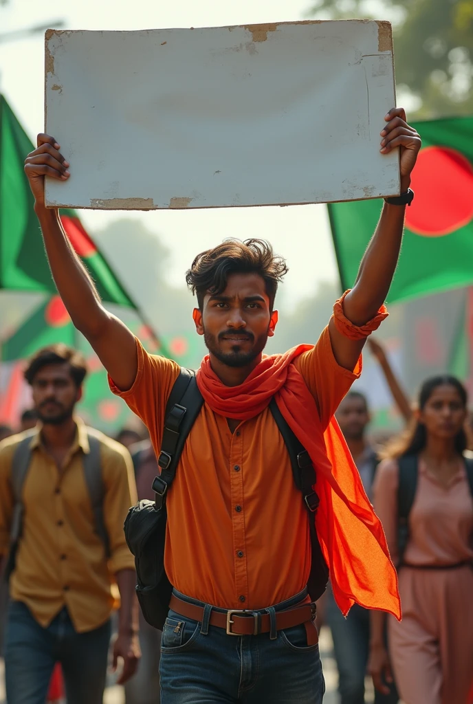 A handsome aggressive Hindu youth must be a student agitator on the streets of Bangladesh. A white placard will be held by the youth. The flag of Bangladesh will also be displayed.
