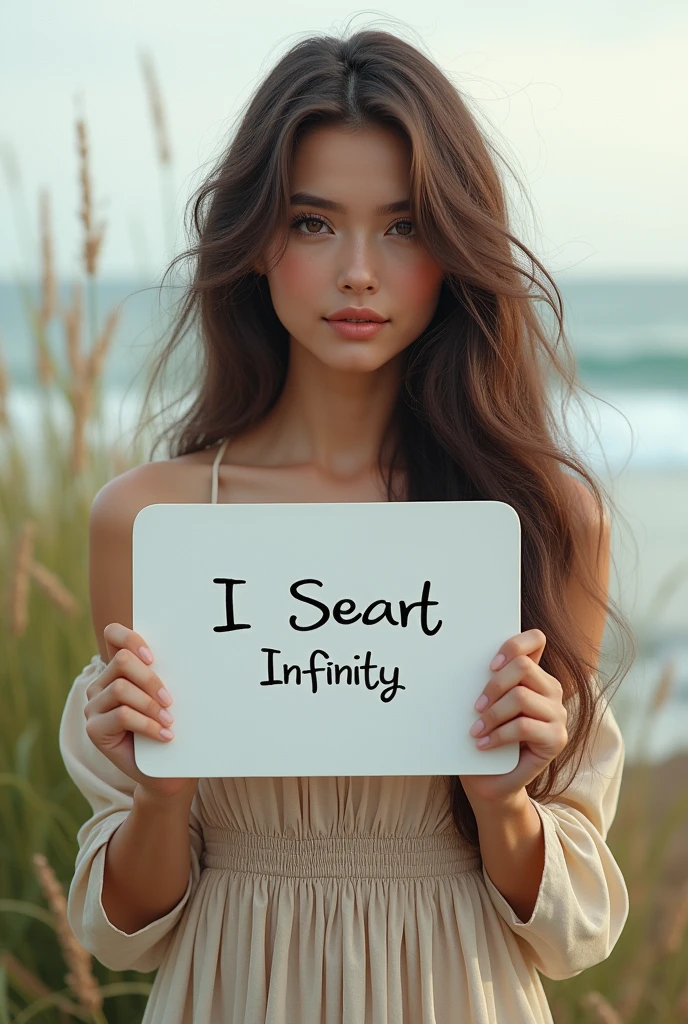 Beautiful girl with wavy long hair, bohemian dress, holding a white board with text "I Love Seaart Infinity" and showing it to the viewer