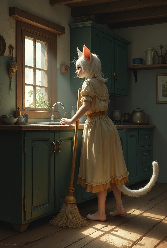A beautiful female cat with a girl's body, wearing a tattered dress, sweeping the floor in a rustic kitchen. Her feline features, like ears and tail, should be prominent. The expression should be a mix of sadness and hope as she gazes out of a small window, dreaming of a better life.