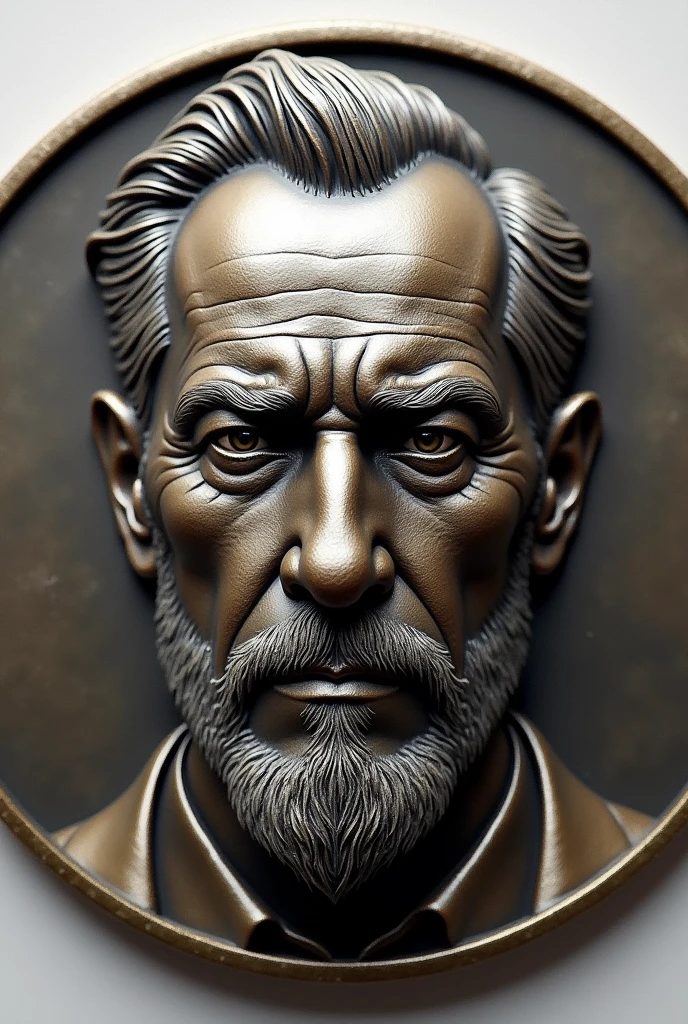 A metal coin with head of an man