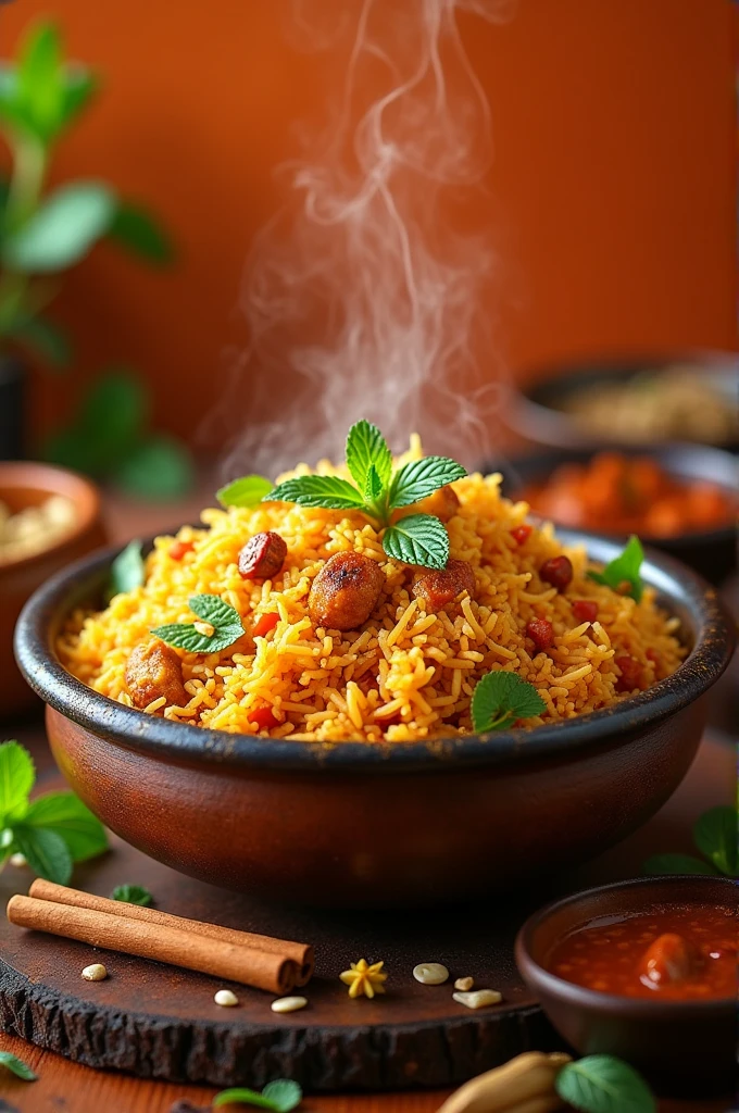 A delicious looking biryani with steam coming from it with a background of orange colour with mint, leaves , spices in the background