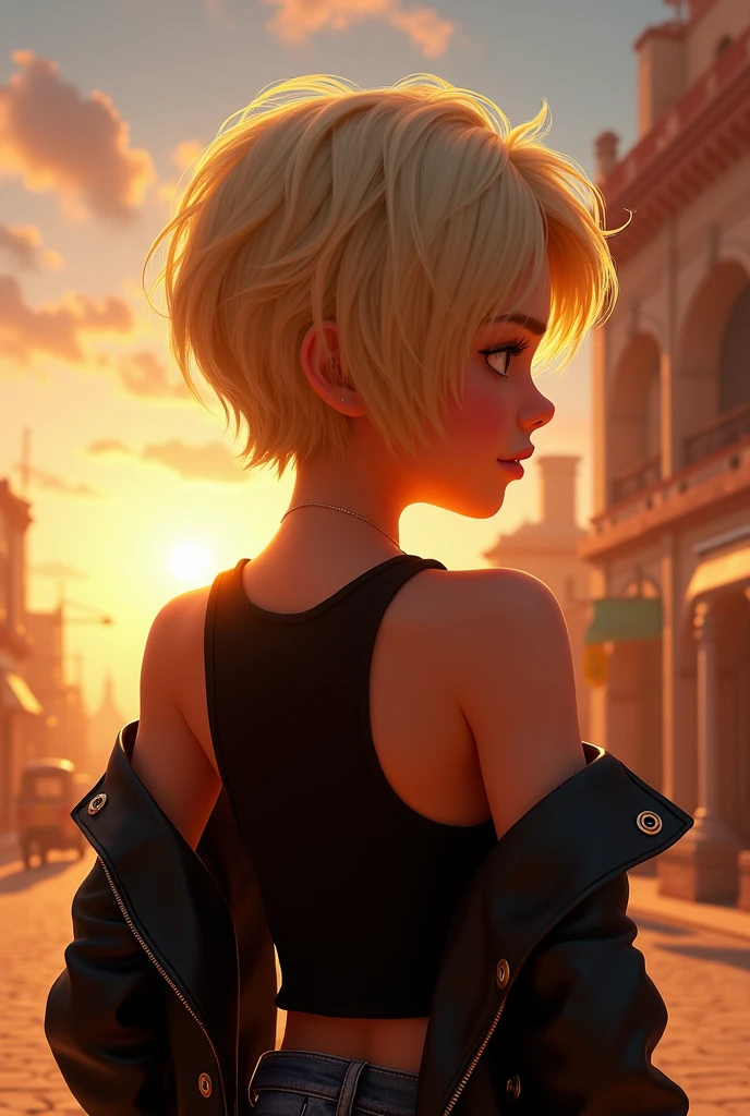 masterpiece, best quality, (photorealistic:1.4), beautiful teen girl, from behind, round ass, (ass close up), short blonde hair, black tank top and black leather jacket in the style of pixar movie poster