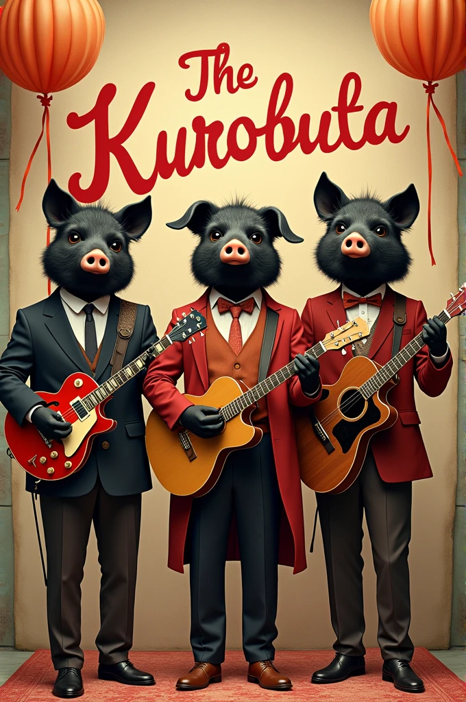 A group of 3 male musicians with black pig faces, dressed in fashionable, timeless, cheerful, and cute outfits. The background has the words: "The Kurobuta"