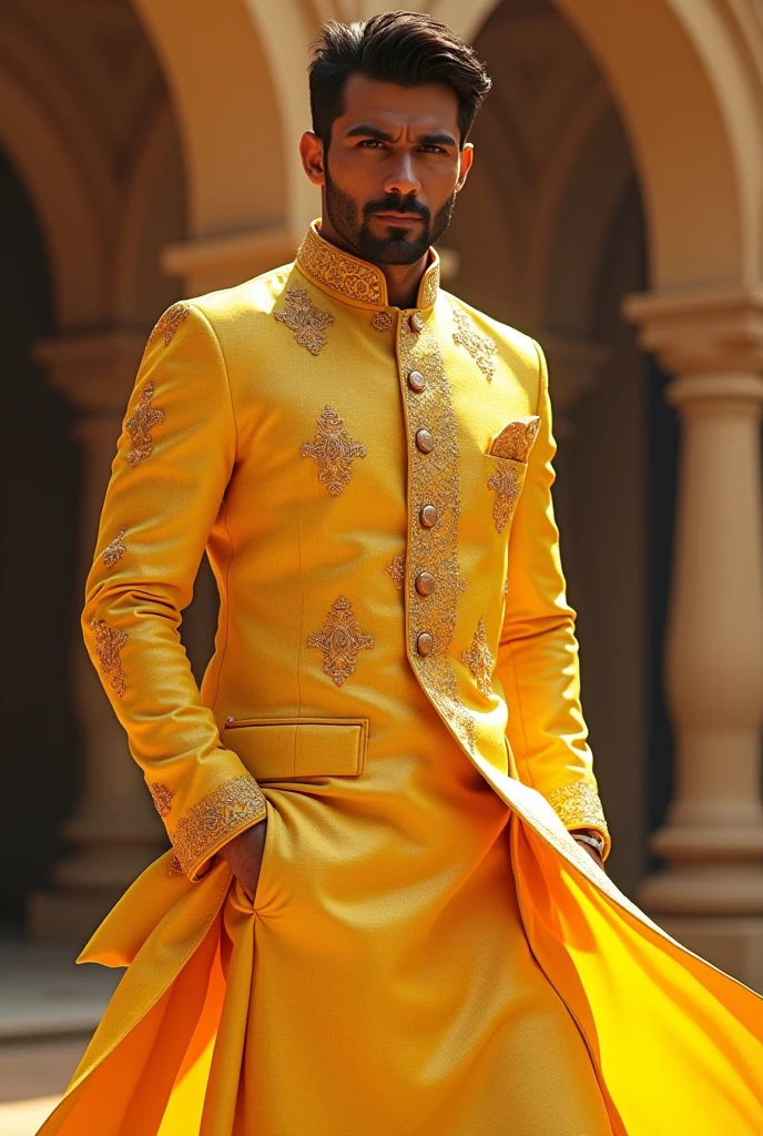 Bright yellow kurta for men with light yellow jacket