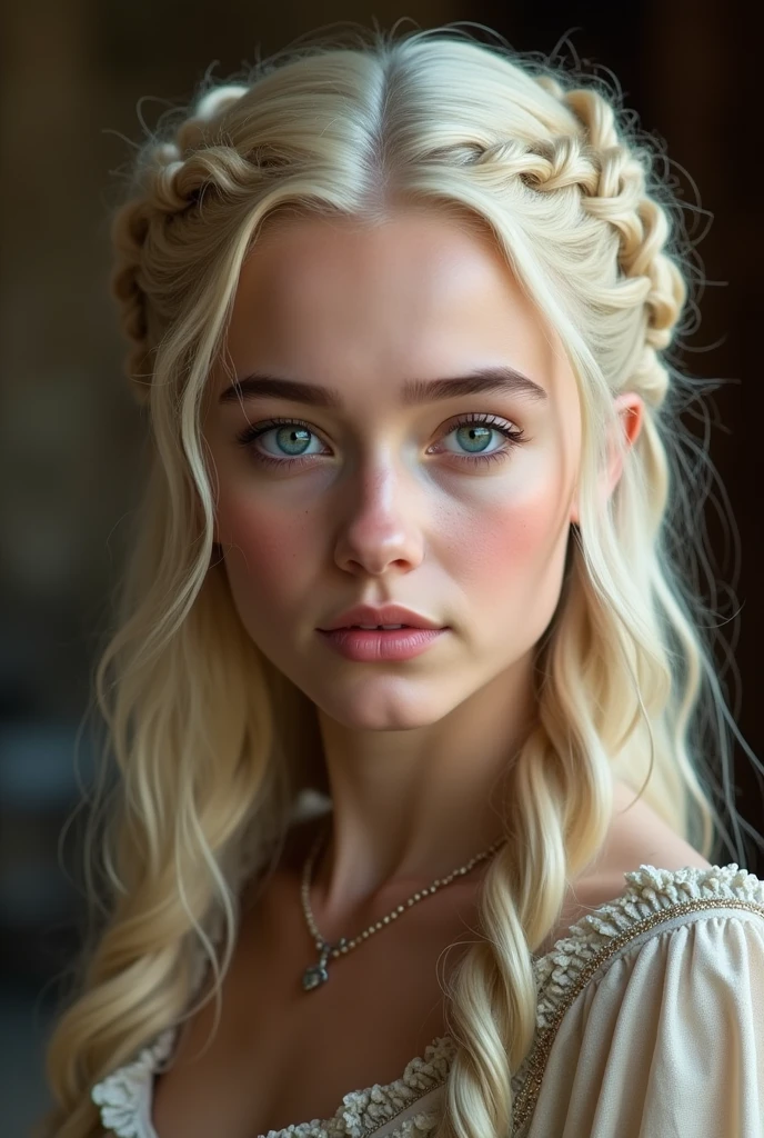 Create a young blonde, blue-eyed Lannister woman with extravagant hairstyles 