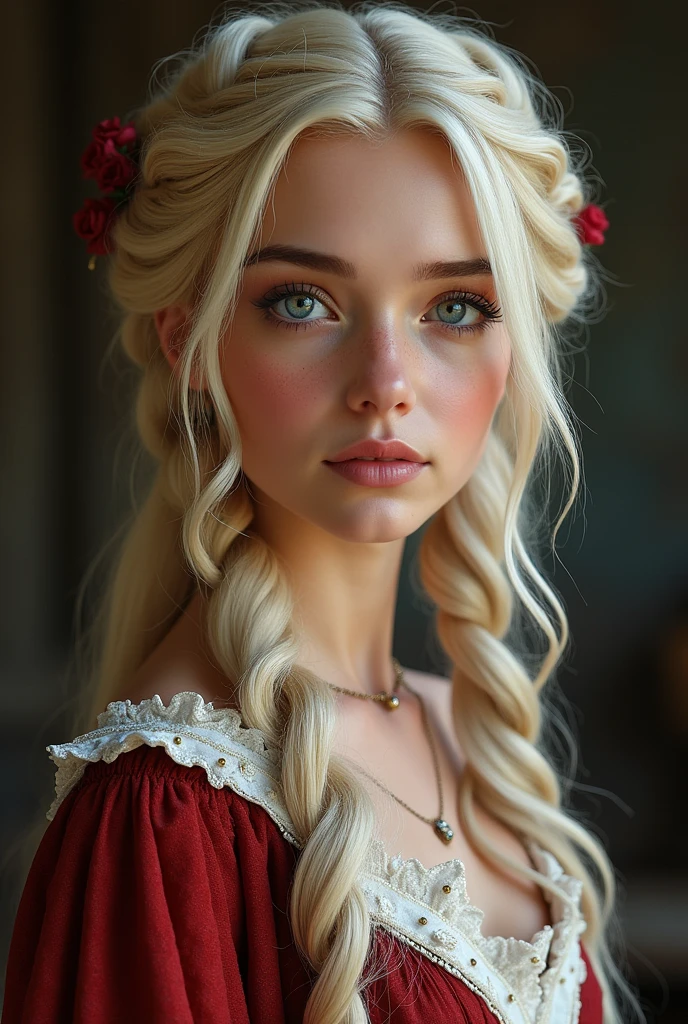 Create a young blonde, blue-eyed Lannister woman with extravagant hairstyles