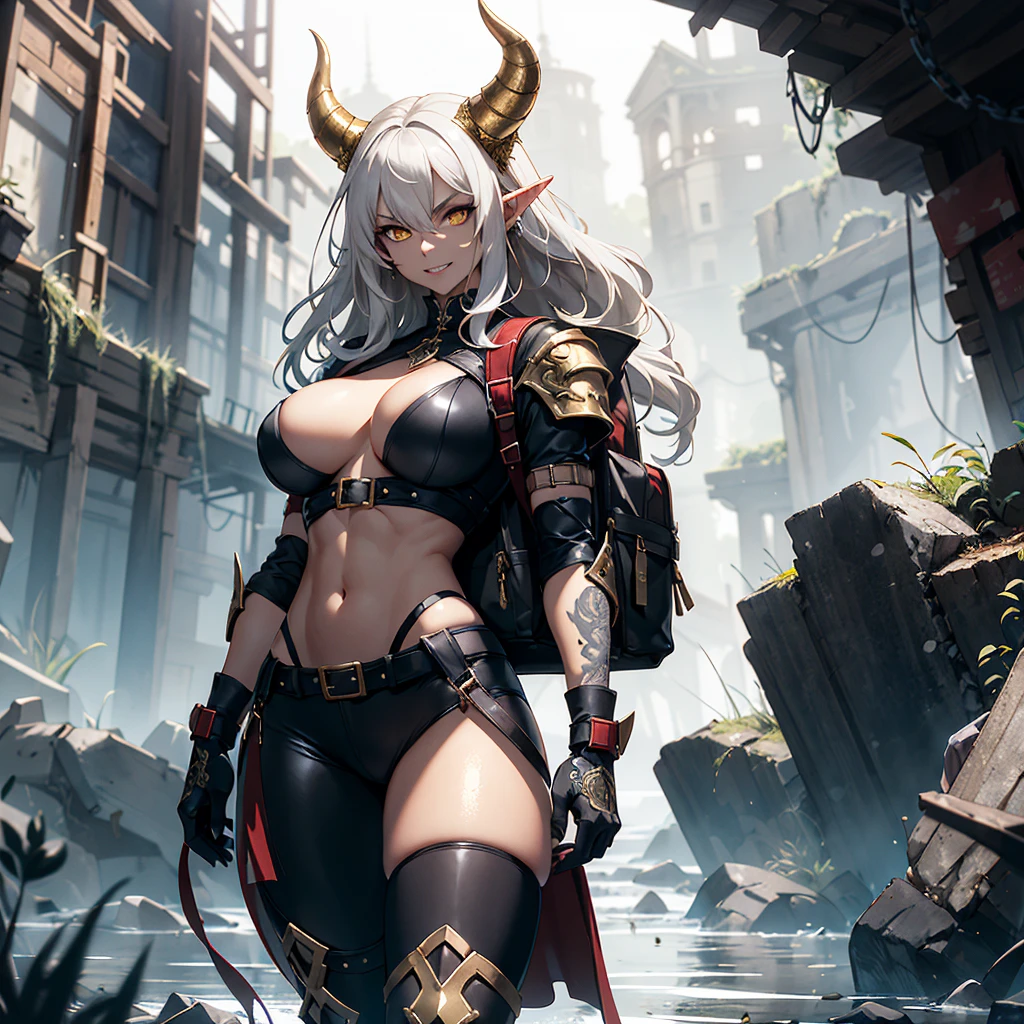 ((best quality)), ((masterpiece)), (detailed), 1 women elf-draconical heavy warrior, 8k_wallpaper, extremely detailed eyes, (large masterpiece digital art), (intricate details:1.3 ), (ultra-detailed:1.3), (sharp focus:1.3), (natural lighting:1.05), (vivid colors:1.3), (best quality:1.4), high quality, expressive eyes, full body, detailed face, beautiful face, perfect face, ((hair sandy white curls)), ((dragon dark horns)), (gold eyes), {{dark skin}}, ({dark skinned female}), big breasts, huge chest, powerful relief muscles of the abdomen and legs, powerful strong muscles of the arms, abdominal piercings, cruel predatory and cold-blooded arrogant look, a predatory smile with many fangs, dressed in an open red coat with rolled up sleeves, a heavy steel breastplate of steel armor, leather pants with steel hip pads, a wide yellow belt tied with chains, steel gloves, steel shoulder pads, a hiking backpack, a ruined village is walking along the old pier, against the backdrop of forests and mountains, dark fantasy style,