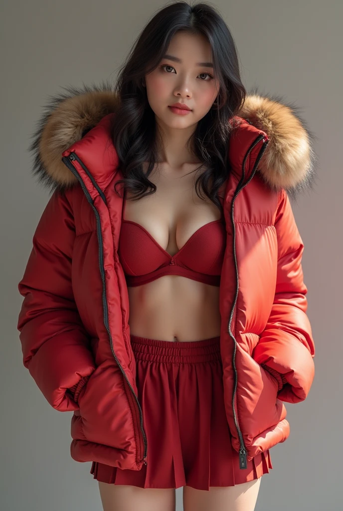 ((best quality)), ((masterpiece)), (detailed), perfect face, beautiful Korean 16 year old woman, silk tight moncler puffer coat, seductive, aroused, curvy figure, ((tight puffer coat)), fur hood, silk bra, large breasts, (open coat), cleavage, thick bra straps, photograph, shiny coat, satin, soft to the touch, pleated short silk skirt, silk tights
