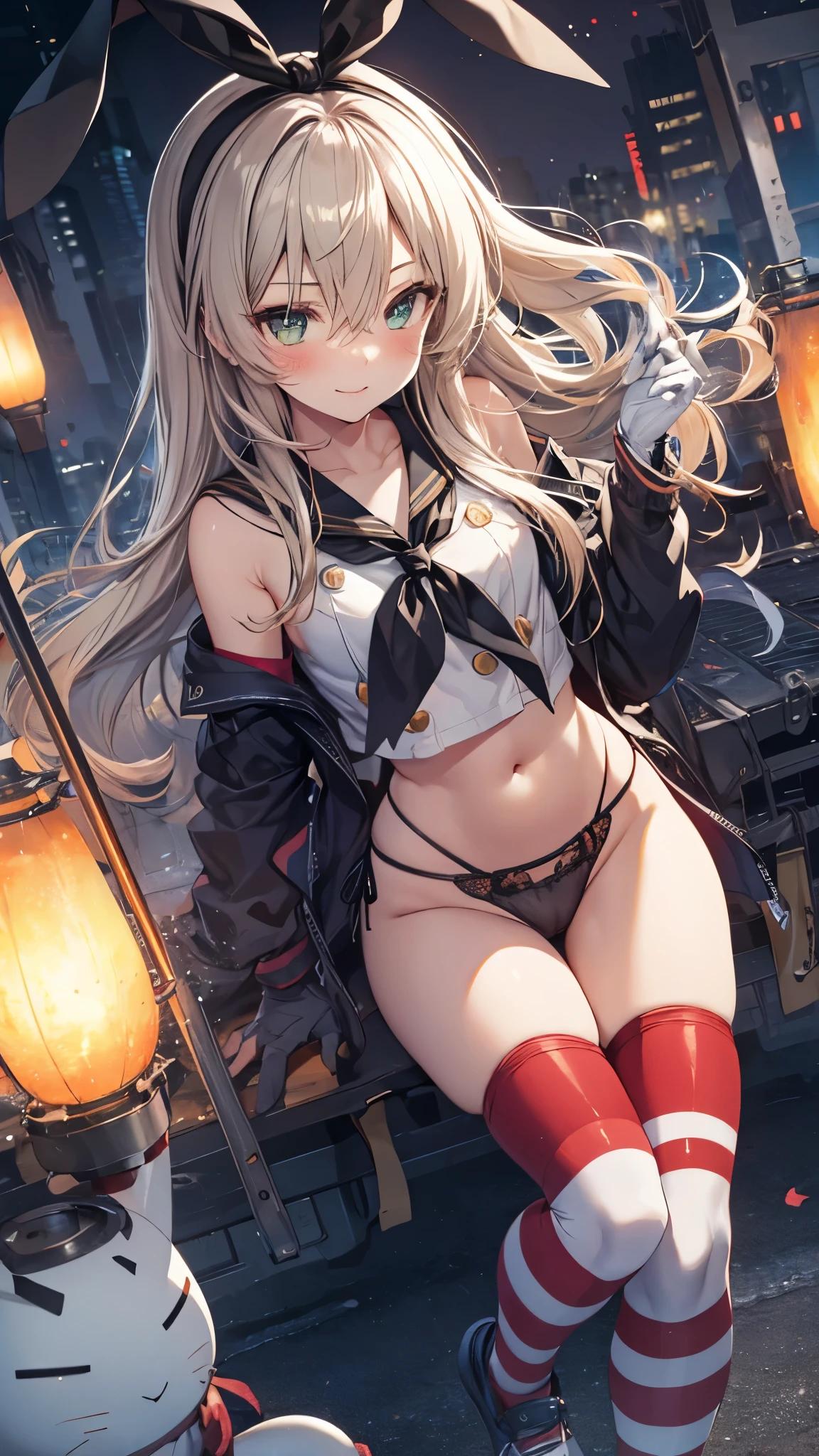 1girl,solo,long_hair,blonde_hair,elbow_gloves,underwear,(red striped_thighhighs),white_gloves,smile,navel,(dark green eyes:1.1),(highleg_panties,black_panties:1.3),anchor_hair_ornament,blush,school_uniform,crop_top,sailor_collar,hairband,hair_ornament,serafuku,miniskirt,pleated_skirt,blue_skirt,sleeveless,bare_shoulders,hair_between_eyes,grey_footwear,microskirt,midriff,neckerchief,collarbone ,panty shot,pose partially visible vulva,masterpiece,Noise Reduction,perfect anatomy,high resolution, ultra-detailed, ultra-detailed face,game cg,dutch angle ,beautiful detailed eyes,visualart,five fingers, perfect hands, perfect lighting, sparkling pupils,