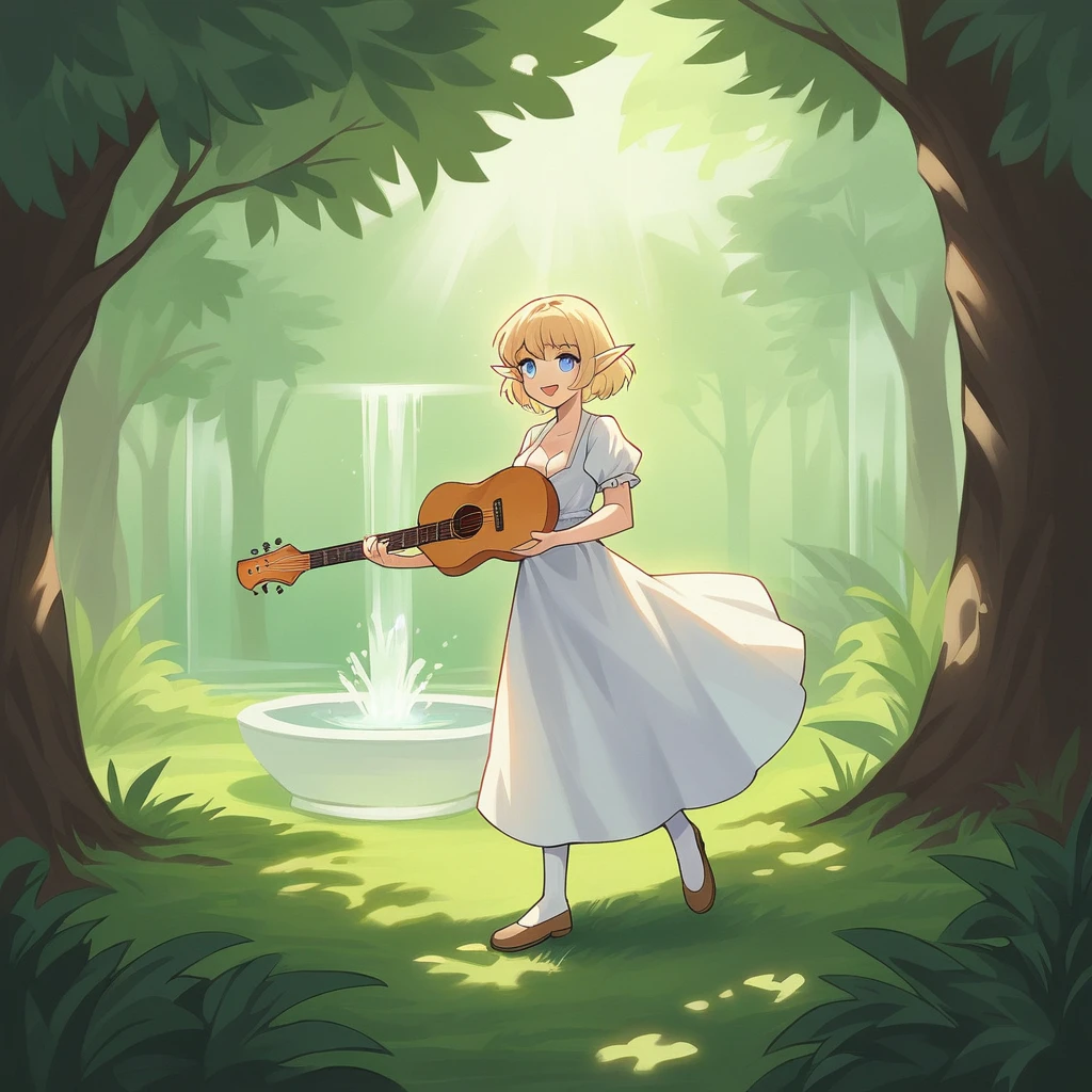 //quality
masterpiece, of the highest quality, high definition,
//subject
1 elf girl, full body,
//composition
wide-angle,
//situation
cute elf playing acoustic guitar, break beautiful, smile, white skin, blonde bob hair,
BREAK
blue eyes, capture the light in the eyes, long eyelashes, break medium-breasted, cleavage, skimpy clothes in earth tones, slender limbs,
BREAK
//style
alphonse mucha style, fantastic painting,
//environment
a forest planet blessed with water, clear skies, sunlight filtering between the leaves, and the shore of the fountain.
BREAK
for animals such as rabbits, raccoon, foxes, and the squirrels gather here.
BREAK
//effect
cinematic lighting, fill light is the light reflected from the reflector, background blur.