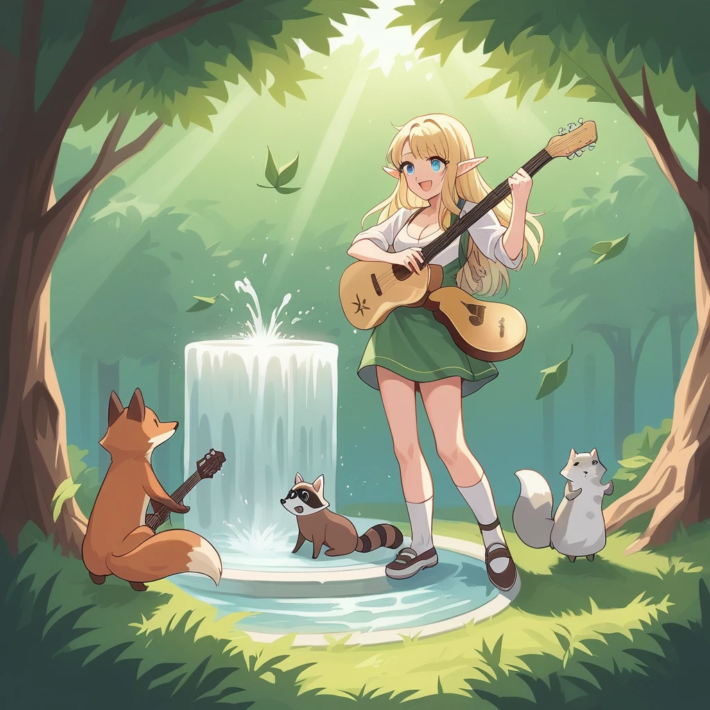 //quality
masterpiece, of the highest quality, high definition,
//subject
1 elf girl, full body,
//composition
wide-angle,
//situation
cute elf playing acoustic guitar, break beautiful, smile, white skin, blonde bob hair,
BREAK
blue eyes, capture the light in the eyes, long eyelashes, break medium-breasted, cleavage, skimpy clothes in earth tones, slender limbs,
BREAK
//style
alphonse mucha style, fantastic painting,
//environment
a forest planet blessed with water, clear skies, sunlight filtering between the leaves, and the shore of the fountain.
BREAK
for animals such as rabbits, raccoon, foxes, and the squirrels gather here.
BREAK
//effect
cinematic lighting, fill light is the light reflected from the reflector, background blur.