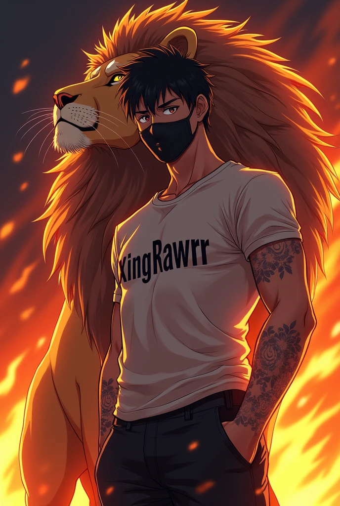 The man model is wearing shirt with name KingRawrr on the shirt, change the face to anime, add flame background. Put mask on the face. Add lion beside