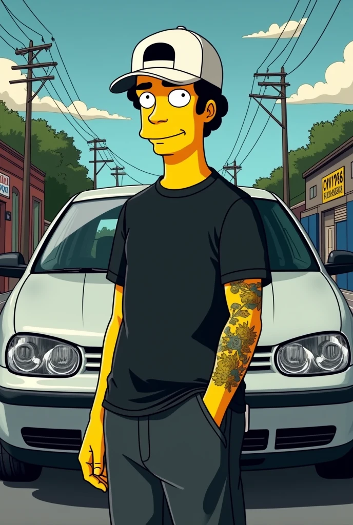 Simpsons poster young beardless man dressed in black with a white Volkswagen cap with only his left arm tattooed and in the background a silver-gray Volkswagen Jetta Jetta mk4 bora a4 2000 model with black rims, black emblem and black mirrors and with a yellow Colombian license plate CVV976 Simpsons background Wide background
