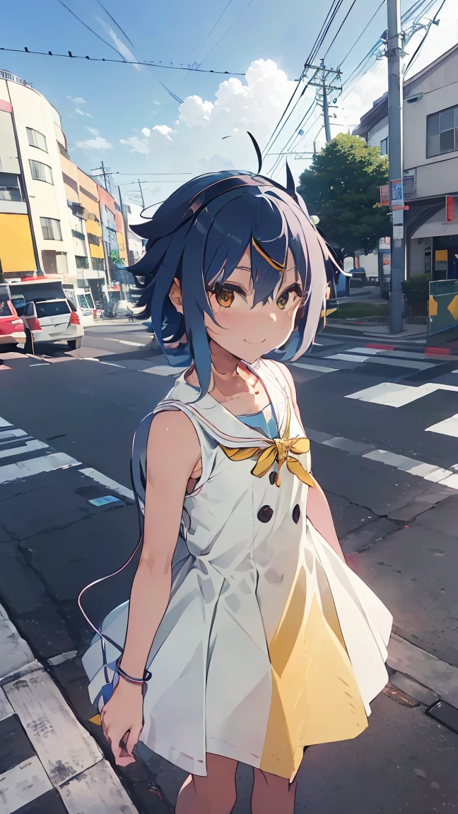 masterpiece, Highest quality, High resolution, Very detailed,(((Mikoto Naruka))), (((white ground)))、(((electric wire)))、(((smile)))、(((pedestrian crossingを歩いている。))), (((Yellow Dress。))), , Electric pole, blue sky, (((pedestrian crossing))), (((signal machine))), 