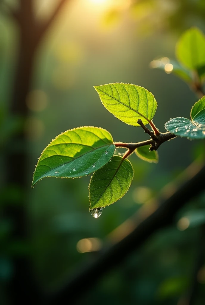 small tree leaves at the branch in a heavy jungle in a morning sunshine, water drop