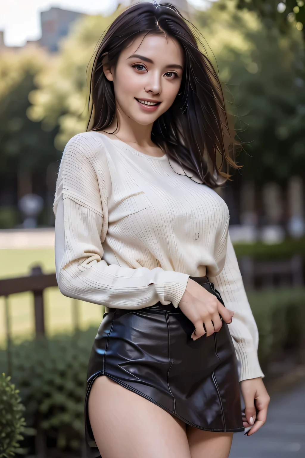 (8k, RAW Photos, Highest quality, masterpiece, Realistic, Realistic), (1 female), (Ultimate beauty), Highly detailed face, Detailed eyes, Double eyelids, eyelash, smile, (Perfect Teeth), Lip details, Brunette Bob, Big Breasts, (Summer Sweater), ((brown tight mini skirt)), Cowboy Shot, background: garden, Soft Light, ((Written boundary depth)) 