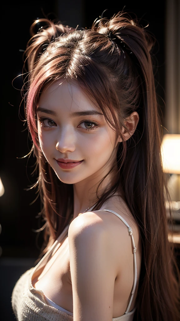 pink hair, long hair, twintails, smile, Surrealism, high detail, Romanticism, Realism, Hyperrealism, depth of field, cinematic lighting, reflection light, uhd, retina, masterpiece, accurate, anatomically correct, textured skin, super detail, high details, high quality, award winning, best quality, highres, 4K, 8k,Mid-range long shot:1.5
