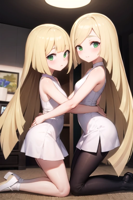 woman and daughter, hugging, kneeling, on floor, inside fancy living room, playful ambiance, extreme detail, masterpiece, BREAK
lusamine, long blonde hair,multicolored hair, green eyes, hair over one eye, sleeveless, white dress,diamond (shape), green gemstone, short dress,leggings, looking at viewer, blush BREAK
lillie,long blonde hair, twin braids, green eyes, white dress, mini skirt,white shoes, looking at viewer, blush, 