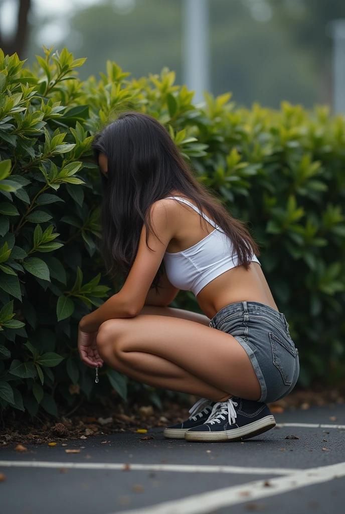 (A ) (peeing & pooping, urgently) Hiding behind bushe beside a parking lot )(Realistic) (peeing and pooping in a corner) (she pulls down underwear and pants to the floor) (squatting down) (pee stains) ( peeing dripping)