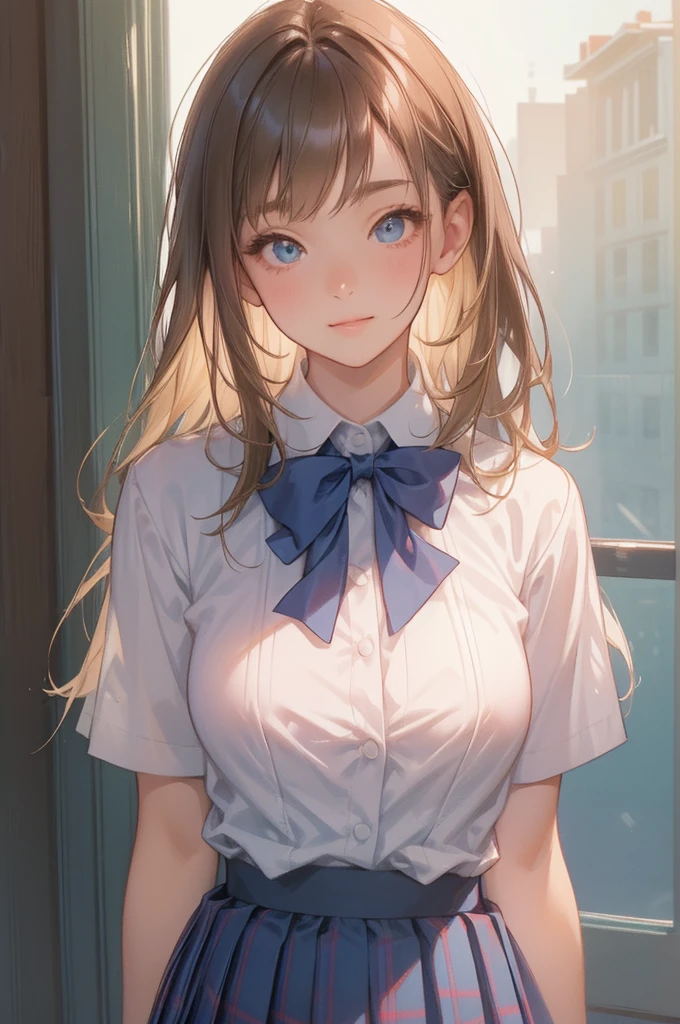 (masterpiece:1.2, top-quality), (realistic, photorealistic:1.4), beautiful illustration, (natural side lighting, movie lighting),
looking at viewer, 1 girl, japanese, high school girl, perfect face, cute and symmetrical face, shiny skin, slender,
(middle hair:1.5, straight hair, light brown), parted bangs, long eye lasher, large breasts:0.8,
beautiful hair, beautiful face, beautiful detailed eyes, beautiful clavicle, beautiful body, beautiful chest, beautiful thigh, beautiful legs, beautiful fingers,
((short sleeve collared white shirt, school uniform, blue checked pleated skirt, blue plaid bow tie)), pink panties,
(beautiful scenery), morning, (down town), standing, (cute, lovely smile, upper eyes),