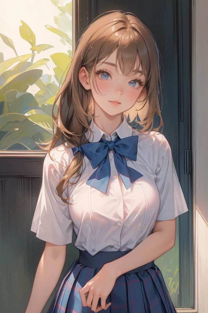 (masterpiece:1.2, top-quality), (realistic, photorealistic:1.4), beautiful illustration, (natural side lighting, movie lighting),
looking at viewer, 1 girl, japanese, high school girl, perfect face, cute and symmetrical face, shiny skin, slender,
(middle hair:1.5, straight hair, light brown), parted bangs, long eye lasher, large breasts:0.8,
beautiful hair, beautiful face, beautiful detailed eyes, beautiful clavicle, beautiful body, beautiful chest, beautiful thigh, beautiful legs, beautiful fingers,
((short sleeve collared white shirt, school uniform, blue checked pleated skirt, blue plaid bow tie)), pink panties,
(beautiful scenery), morning, (down town), standing, (cute, lovely smile, upper eyes),