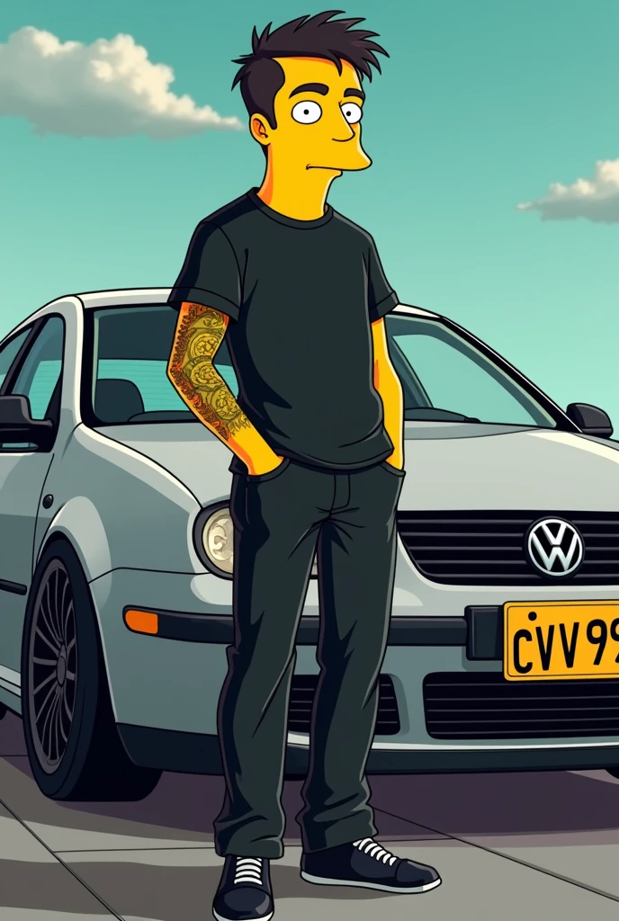 Simpsons poster young beardless man dressed in black with a white Volkswagen cap with only his left arm tattooed and in the background a silver-gray Volkswagen Jetta Jetta mk4 bora a4 2000 model with black rims, black emblem and black mirrors and with a yellow Colombian license plate CVV976 Simpsons background Wide background 