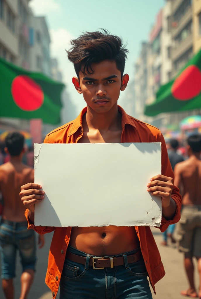 A handsome aggressive Hindu youth must be a student agitator on the streets of Bangladesh. A white placard will be held by the youth. The flag of Bangladesh will also be displayed.