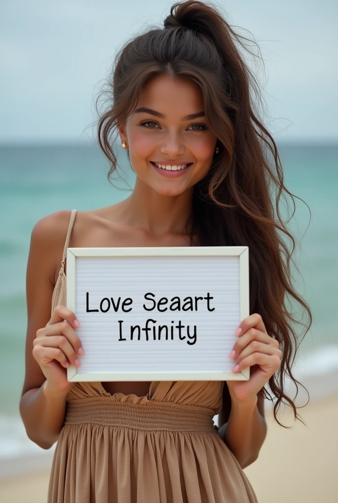 Beautiful girl with wavy long hair, bohemian dress, holding a white board with text "I Love Seaart Infinity" and showing it to the viewer Breasts exposed, remove clothes without leaving any, nakedNaked, nsfw Open clothes, big breasts visible, thighs visible Don't change positionNaked, nsfw Open clothes, big breasts visible, thighs visible,Both hands hold breasts with face, ponytail hair
